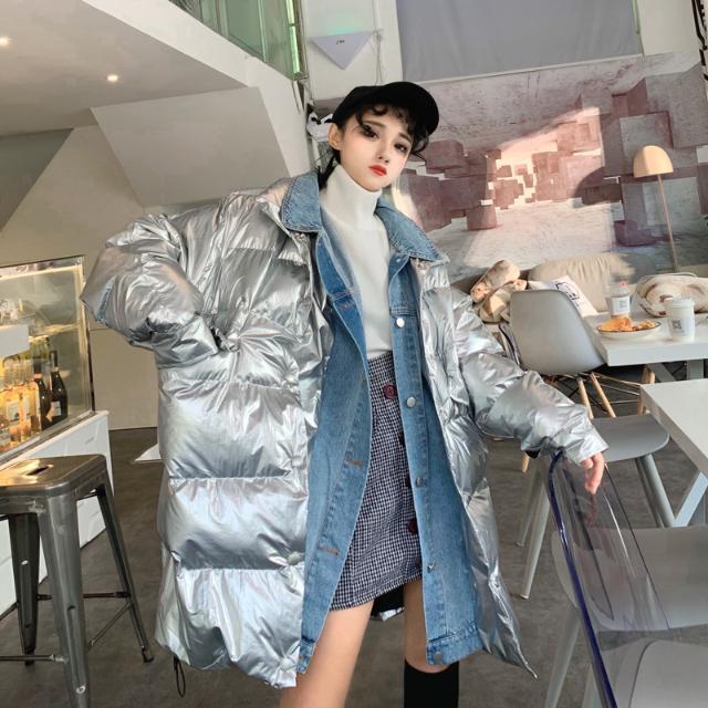 Silver Shiny Coat Mid-length Cotton Coat Loose and Thicker Ladies Shiny Thickened Bread Down Jacket