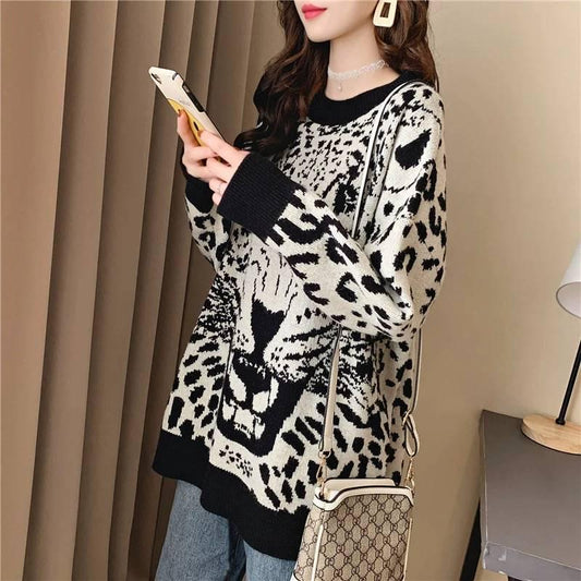 3 Colors Sexy Lady Crew Neck Leopard Sweaters Loose Sleeve Knitwear Long Section Pullovers