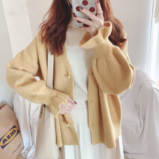 Winter Women's Short Loose Warm Sweater Jacket Sweet Ruffle Sleeve Knit Cardigan Student