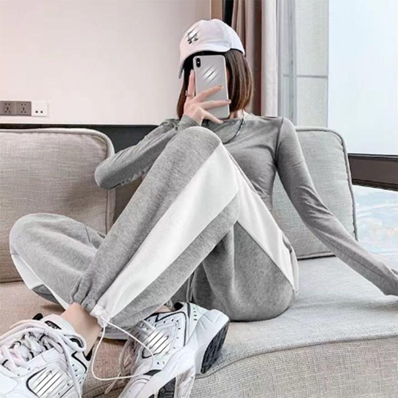 Sports Pants Women's Spring and Autumn Straight Loose Sweatpants Wide Leg Drawstring Trousers Casual Stitching Contrast Color Pants