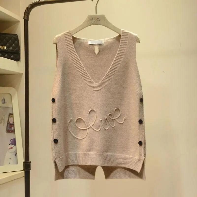 V-neck Knitted Sweater Women's Loose Button Sleeveless Sweater Vest Outside with Vest Spring and Autumn Korean Version All-match Top Lazy Style Vest