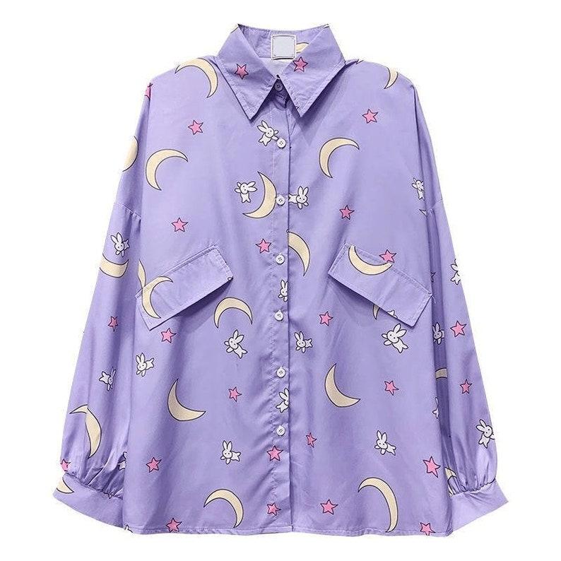 Moon Shirt Ladies Lavender Loose Versatile Long Sleeve Shirt Cute Polo Collar Print Cartoon Shirt Jacket