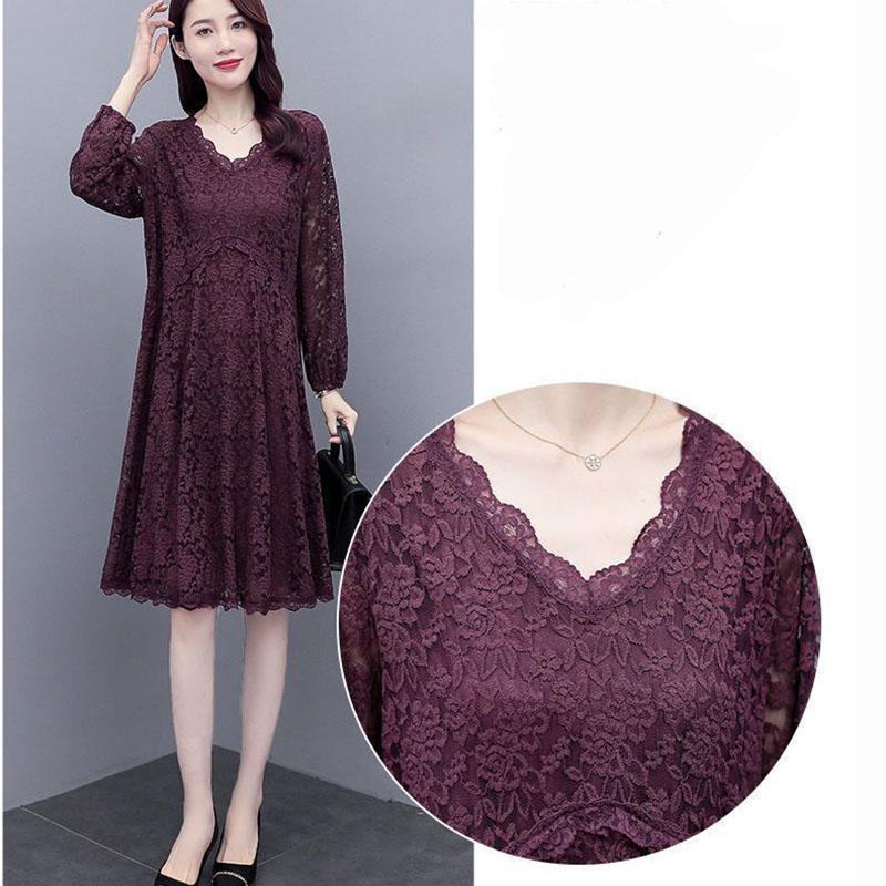 Women Solid Color Lace Long Sleeve V-neck Dress Spring and Autumn Large Size Loose Knee-length Size M-XXXXXL