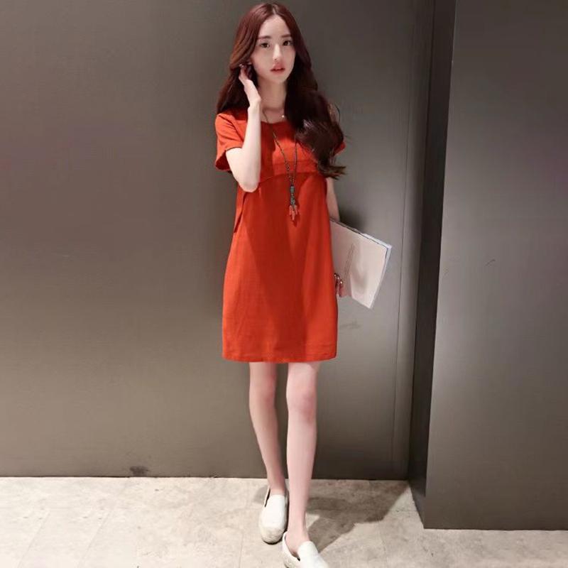 Summer Mid-length Casual Cotton and Linen Round Neck Short-sleeved Skirt Loose Slim Slimming Dress Women's Casual Simple Dress