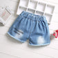 Summer Children's Tassel Pierced Girl and Boy Hole Denim Bow Shorts Korean Style Button Denim Pants