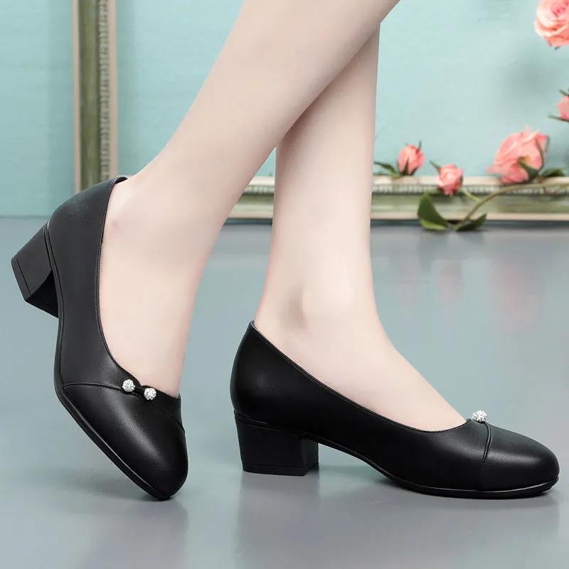 Single Shoes Thick Heel Soft Leather Mother Shoes Round Toe All-match Non-slip Comfortable Work 4cm Medium Heel Women's Leather Shoes