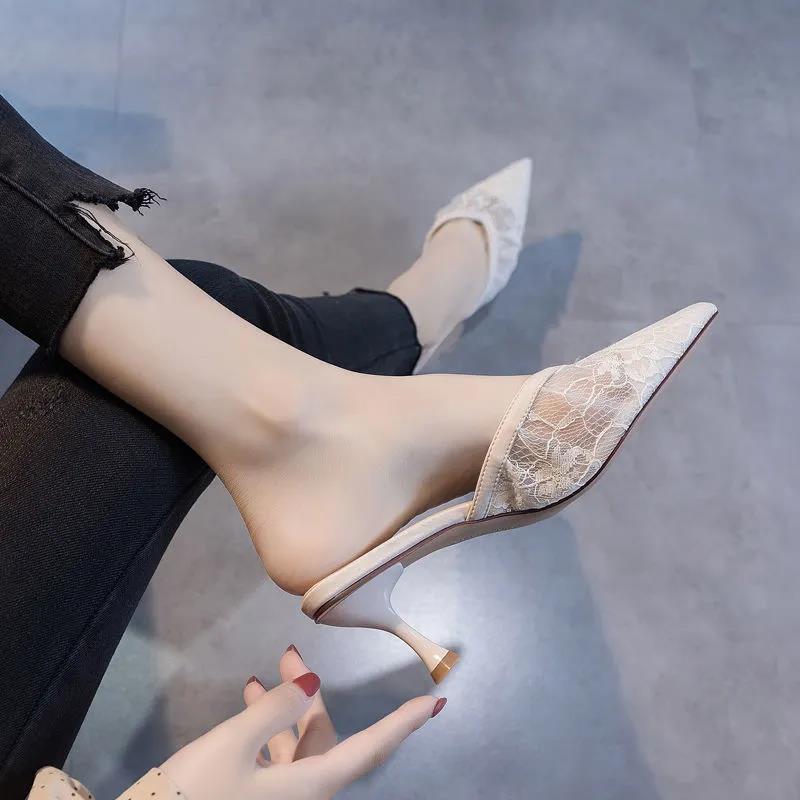 Hollow Half Slippers Women's Summer Fashion Wear Mesh Gauze All-match Pointed Toe Stiletto Sexy High Heels