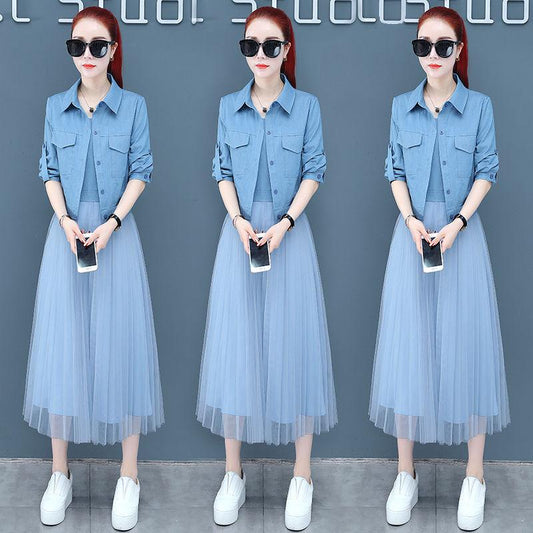 Women's Spring Denim Suspender  Sleeve Denim Jacket Slim Pleated Mesh  Suit  dress