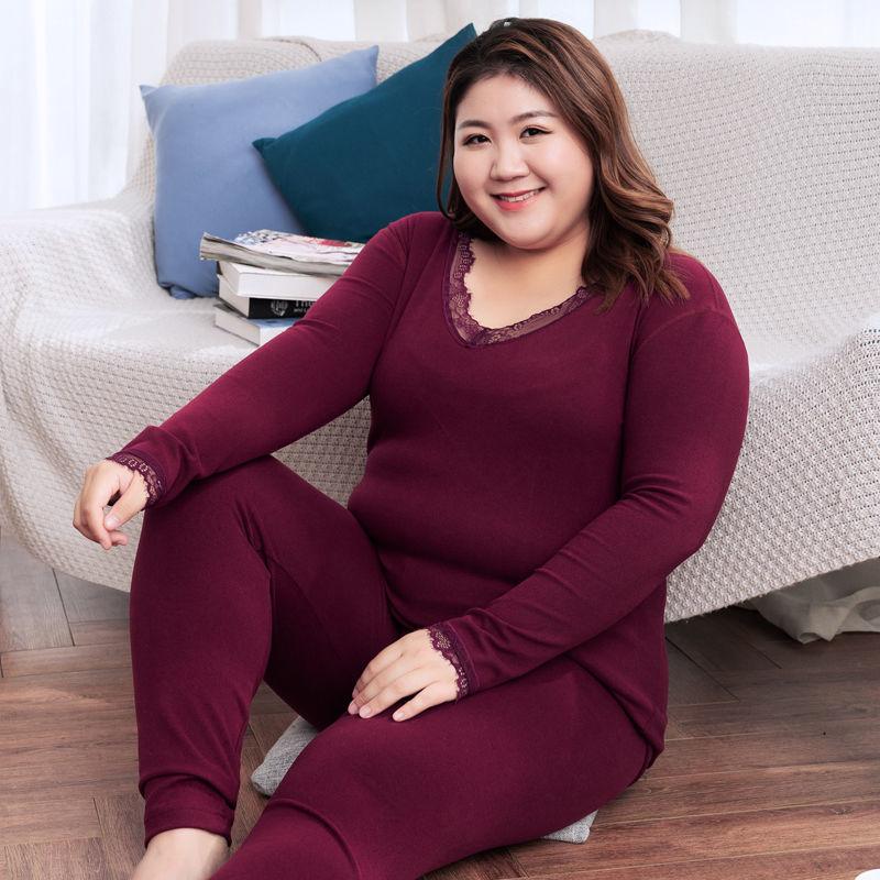 Fat Sister Thermal Underwear Female Plus Fat Plus Size Thin Lace Base Autumn Clothes Long Pants Suit