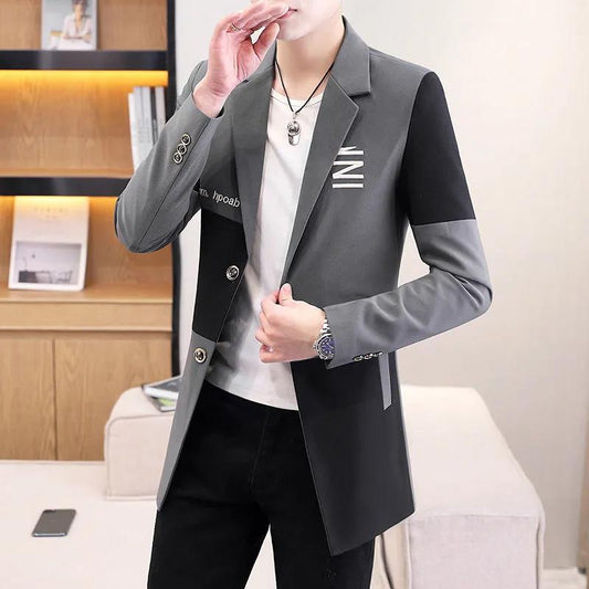 Men V-neck Business Suit Stitching Color Buttons Coat Casual Slim Windbreaker Trend Parka Spring & Fall