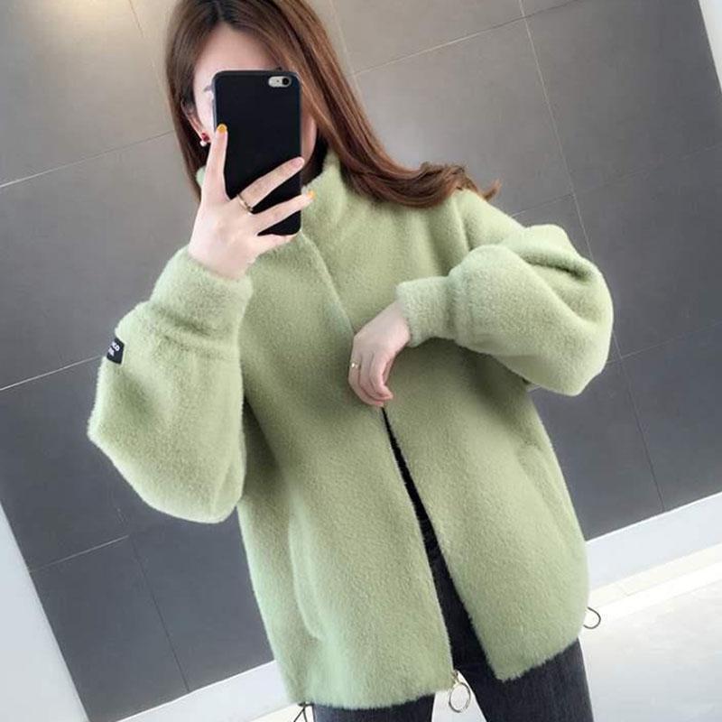 Autumn and Winter Mohair Loose Coat Short Knit Cardigan Tops Solid Color High Neck Women's Coat