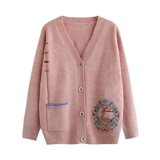 Autumn Winter Women Cardigan Warm Knitted Sweater Jacket Pocket Embroidery Fashion Knit Cardigans Coat Lady Loose Sweaters