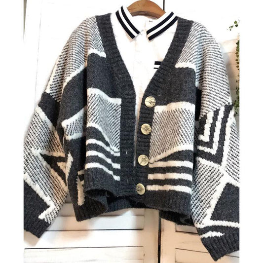 Color Block Cardigan Sweater Coat for Women All-match Batwing Sleeve Casual Knitted Cardigan Top