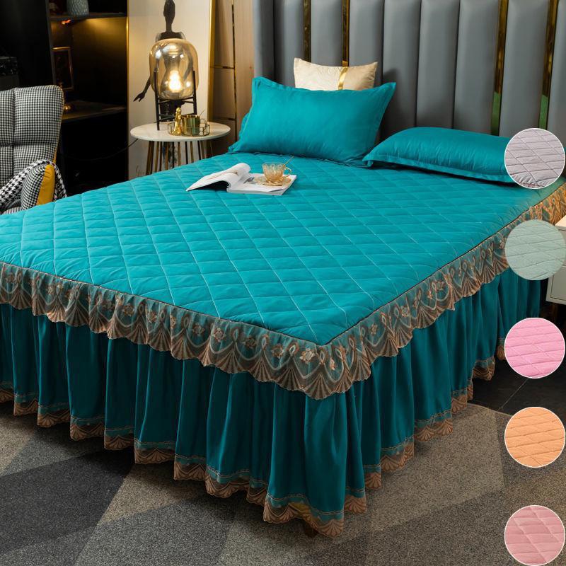 3pcs/set Autumn and Winter Thick Cotton Quilted Lace Bed Skirt Three-piece Set Non-slip Bedspread Pillowcase Three-piece Set