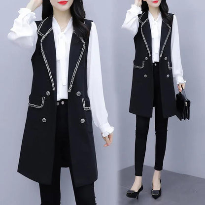 Temperament Black Suit Waistcoat Was Thin Women's Mid-length Sleeveless Jacket Slim Waistcoat Temperament Casual Jacket