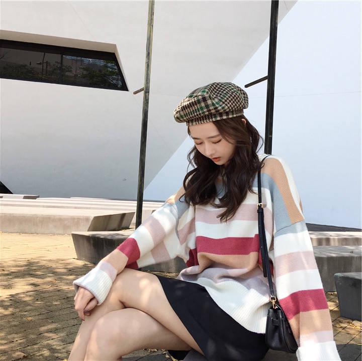 Pofulove Loose Pullover Sweater Women Autumn  Winter Cute Colored Striped Knitted Sweater Student