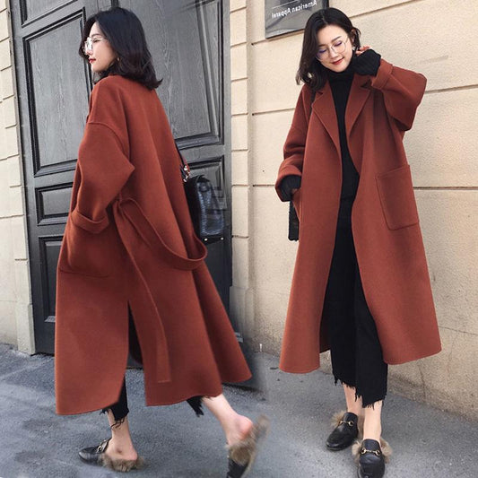 2019 Winter Coat Women Lapel Belt Pocket Wool Blend Coat Long Trench Coat Outwear Wool Coat S-4XL