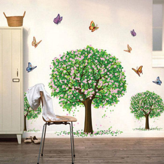 Three green tree colorful butterfly romantic room decoration removable TV background wall sticker