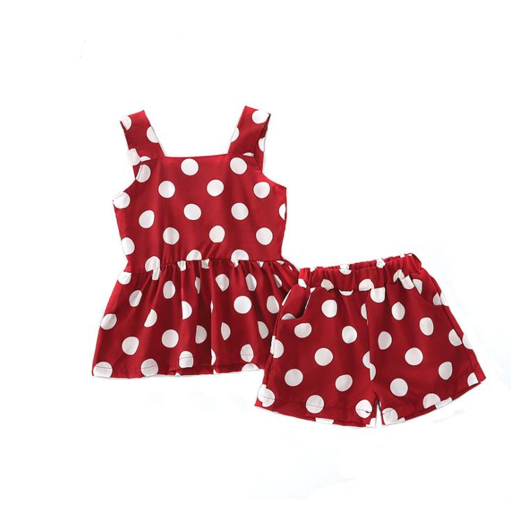 Children's Suit Girls Summer Korean Style Polyster Dot Sling Sleeveless Skirts Shorts Two Piece Set