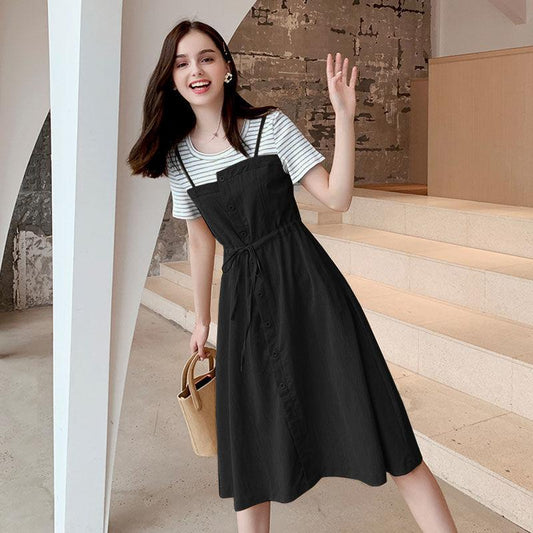 Simple Mid-length Round Neck Short-sleeved Dress A-line Version Waist Slimming Casual Skirt Ladies Loose Dress Large Size Dress