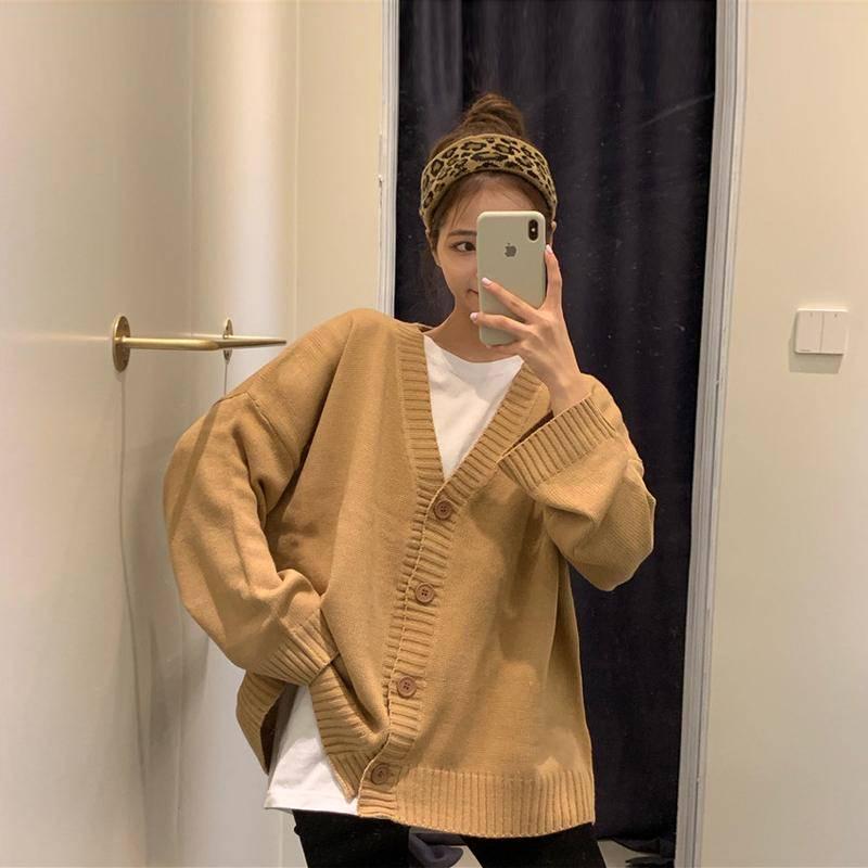 Pofulove Korean Loose V-neck Long-sleeved Sweater Women Retro Knitted Cardigan Jacket Autumn Winter