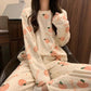 Cute Sweet Long Sleeves Pajamas Set Coral Fleece Warm Printing Stripes Sleeping Suit Women Casual Home Clothes Suit