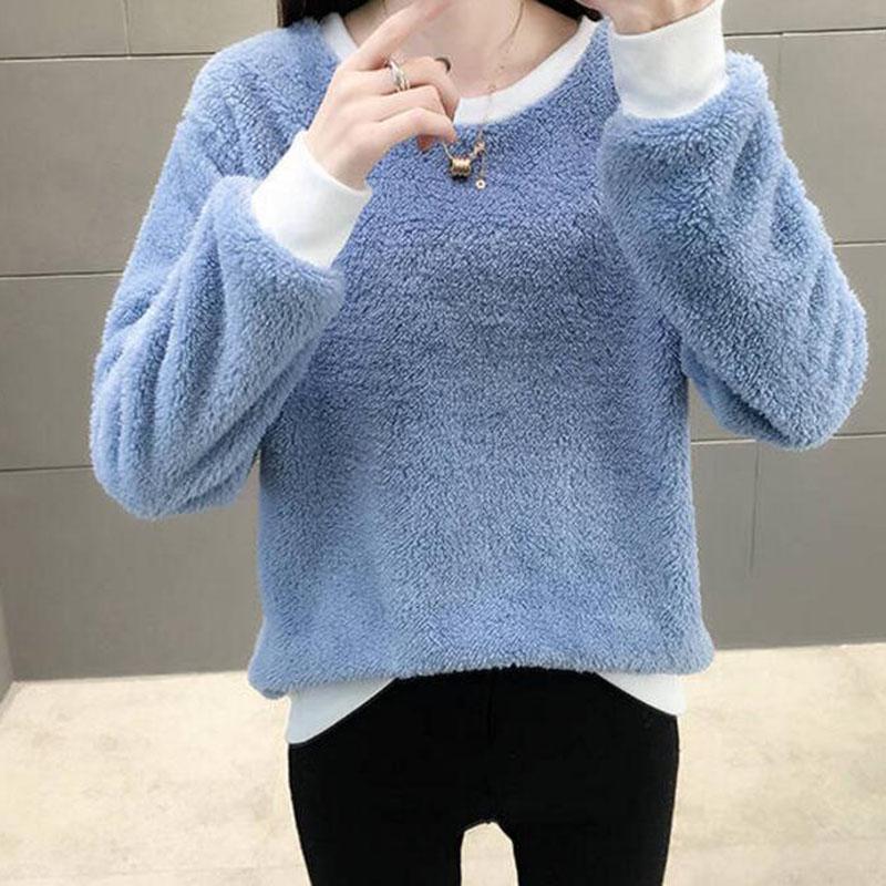 women's Winter Crew neck  yellow sweater warm long sleeve female velvet bottoming  loose Pullovers