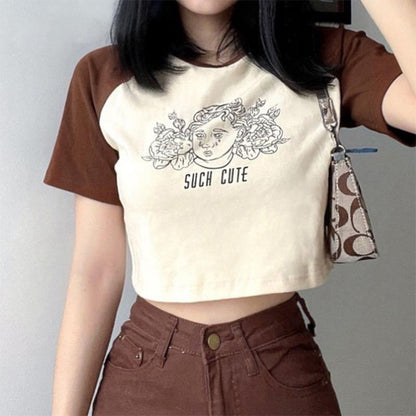 Printed Contrast Color T-shirt Women's Short Raglan Sleeves Slim Fit Cartoon Solid Color All-match Top Summer Tide