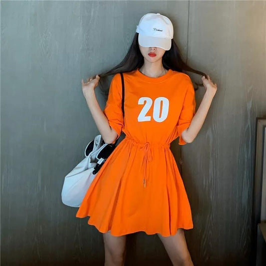 T-shirt Dress Mid-length Women's Summer Waist Waist Was Thinner Drawstring Loose Leisure Sports Style Short Dress