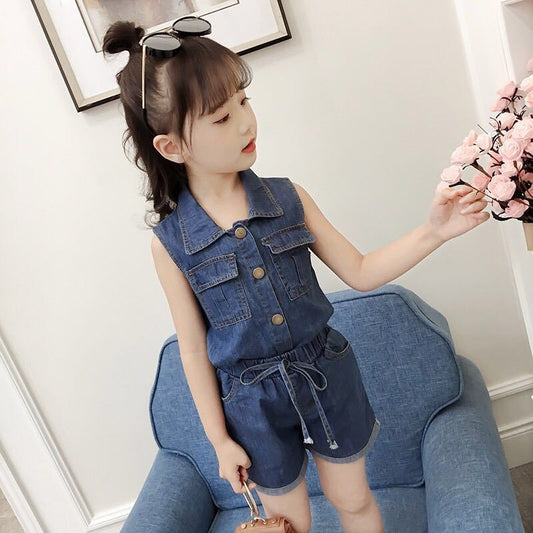 Girls Clothing Sets Summer Denim Short T-shirt+Pants Korean Style Single Breasted 2Pcs for Kids Baby Suit Cowboy Suit