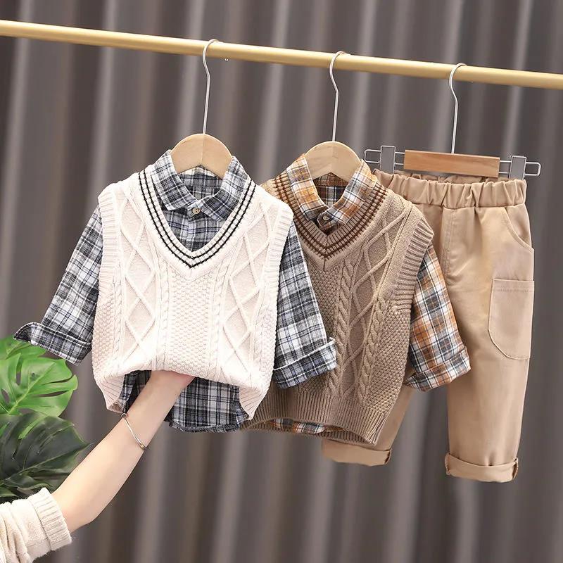 Boys and Girls Spring and Autumn Suits 1-5 Years Old Sweatshirt Vest Shirt Sets Casual Suit Home Service Three-piece Suit