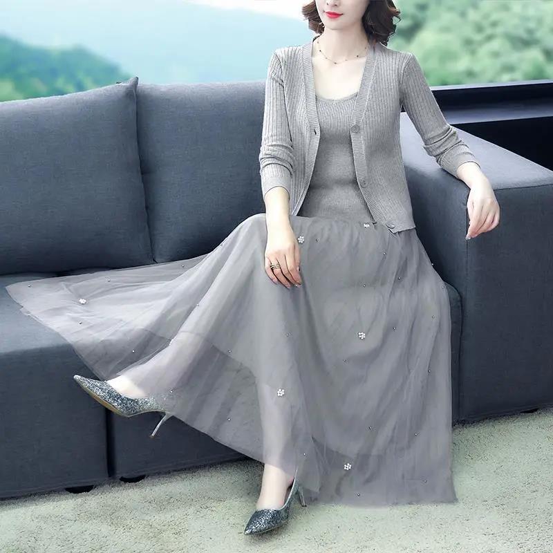 Three-piece Suit Early Autumn Three-piece Women's One-piece Mesh Skirt Covering The Flesh Is Thin and Small Fragrance