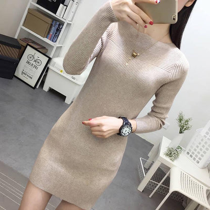 Women Sweater Dress Long Autumn Winter Thick Warm Female Knitted Dresses Slim Soft Rib Jumper