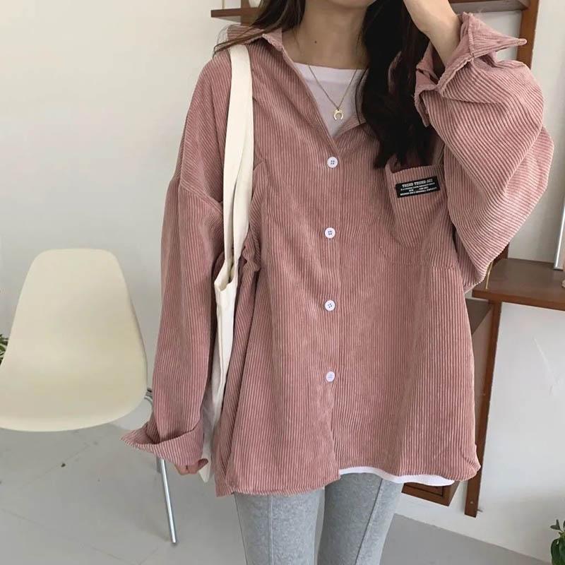 Autumn Korean Retro Corduroy Long-sleeved Loose Lazy Wind Mid-length Shirt Jacket Jacket Women