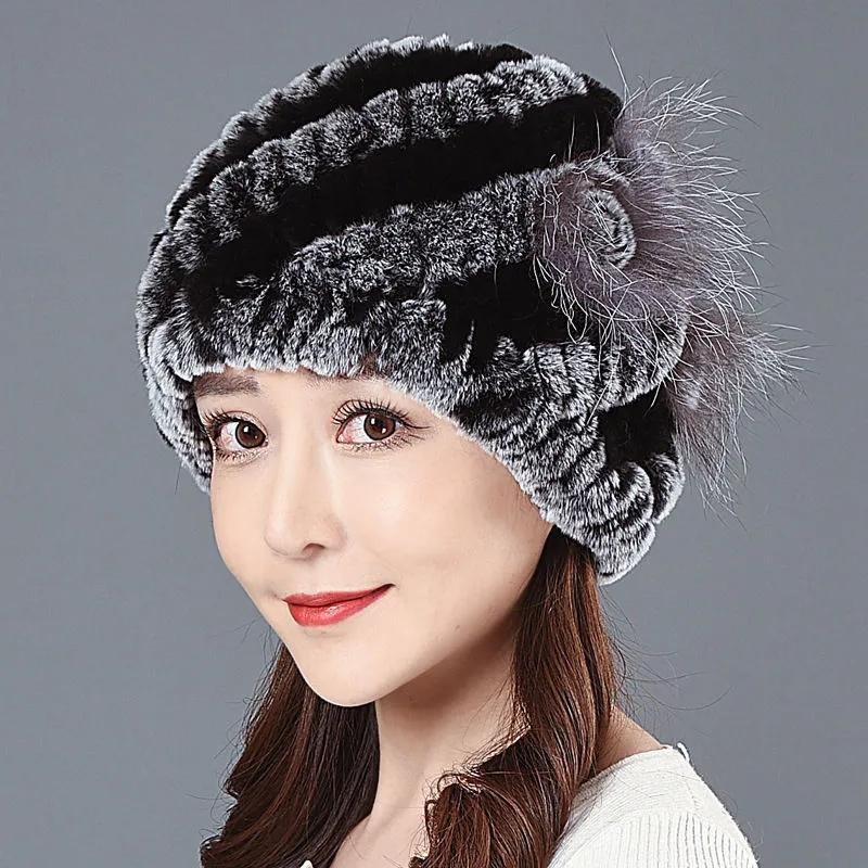 Women's Rex Rabbit Fur Hat Mother's Ear Caps Keep Warm Winter Plush Knitted Woolen Fur Hat High Quality Floral Knitting Hat Windproof Hat