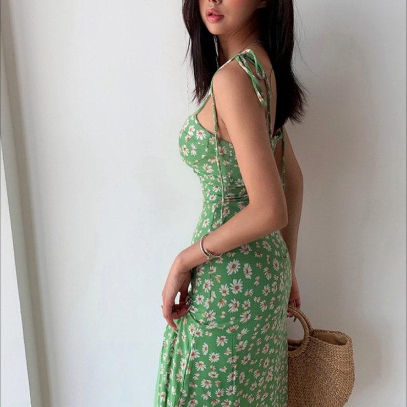 Floral Print Strap Slit Midi Dress In Green, Pink, Black Korean Fashion Women Daisy Summer Casual Sleeveless Vacation Holiday Retro Beach