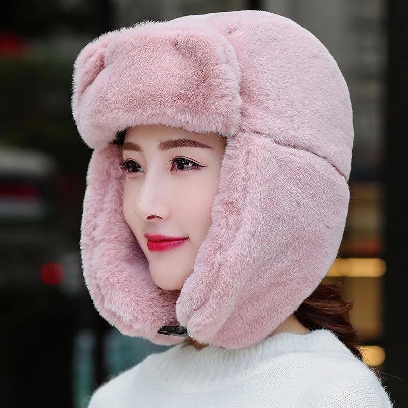 Women's Hat Winter Korean Version Plus Velvet Cold Proof Hat Winter Cycling Ear Protection Thick Windproof Warm Cute Hat Solid Long Ear Cap Fedoras