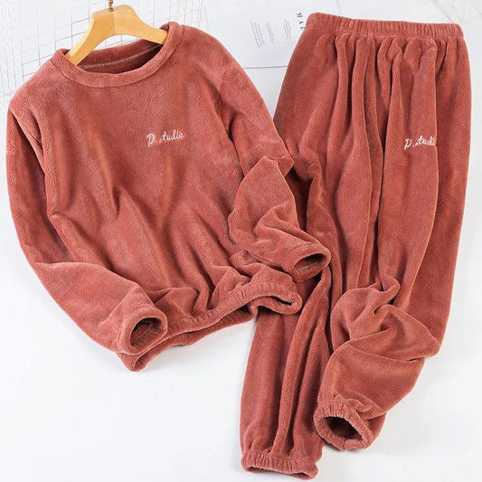 Women Warm Pajamas Suit Winter Home Wear Coral Fleece Thick Velvet Sleepwear Top and Pants Set Pullover O Neck Casual Loose Long Sleeve Flannel Pyjama