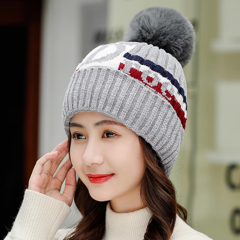 Winter Hat Fur PomPoms Ball Knitted Hats Scarf Set Women Beanie Hat Thick Skullies Female Cap