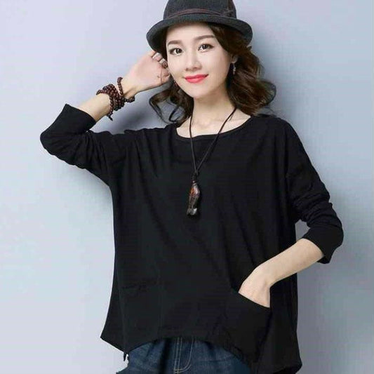 Summer Ladies T-shirt Large Size Long Sleeve Shirt Casual Loose Pullover Solid Color Shirt