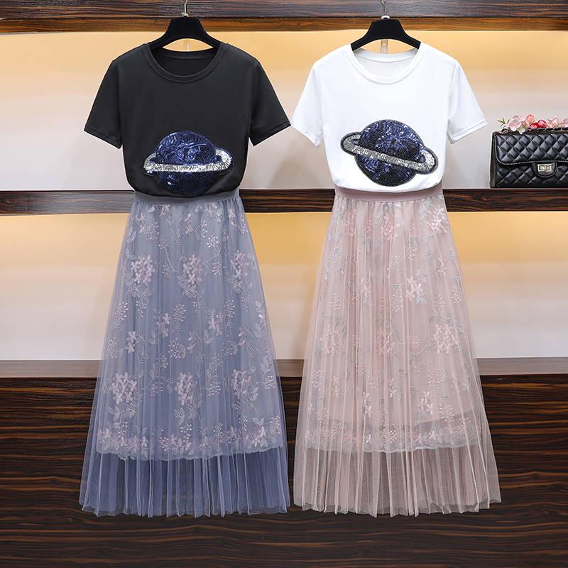 Fashion Summer Skirt Suit Women Embroidered Cotton T-shirt Printed Tulle Skirt Two-piece Suits