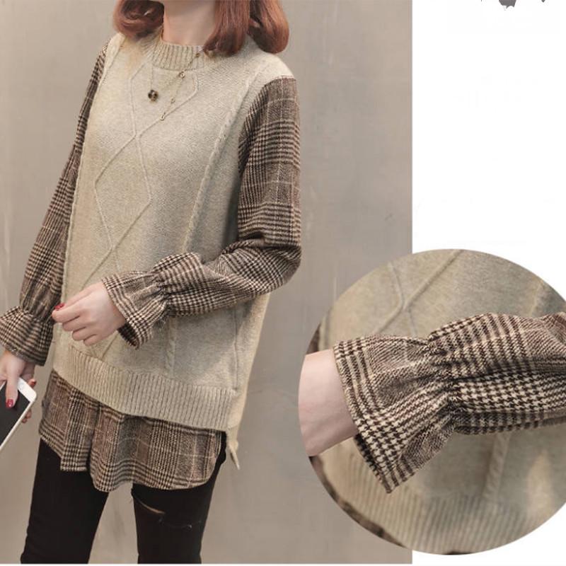 Pofulove Fake Two Sweater Blouse Winter Stitching Loose Lattice Flared Sleeve Pullover Sweater