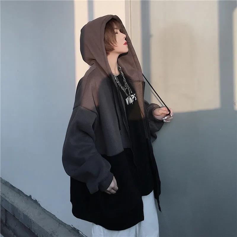 Women's Spring and Autumn Sweater Jacket College Harajuku Style Fleece Hooded Top Korean Loose Casual Long Sleeve Cardigan Zipper Coat