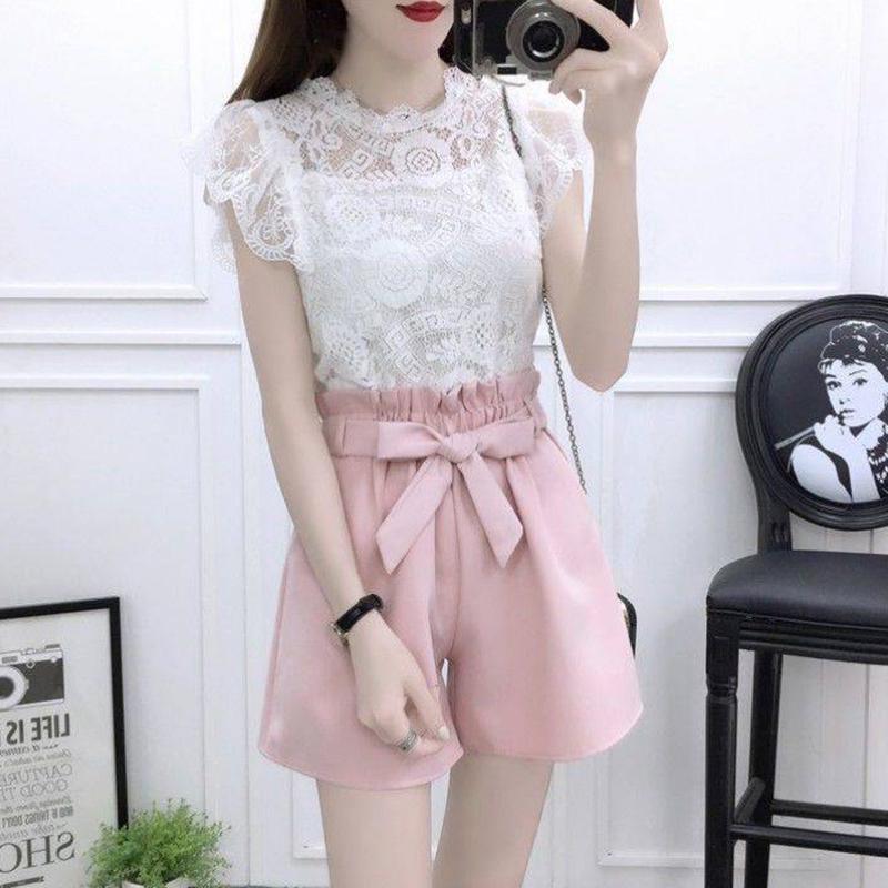 Women Thin High Quality O-Neck Cotton Lace T-Shirt+High Waist Elastic Shorts Two Piece Set