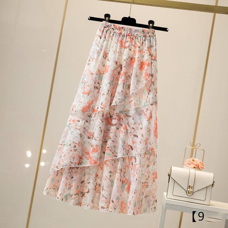 Summer Skirts Womens Plus Size Elastic High Waist Print Floral Long Pleated Skirt Chiffon Ruffles