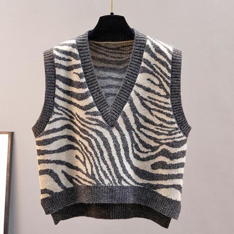 Waistcoat Vest Jacket Autumn Knit Women's Sweater Winter Zebra Pattern Outer Wear Loose V-neck Sleeveless Thin Sweater