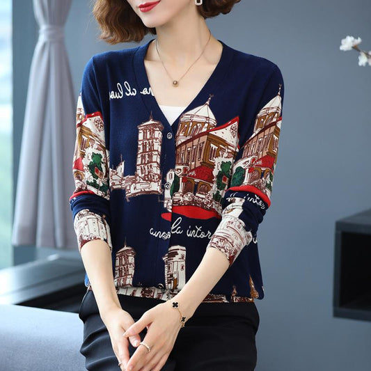 Autumn Winter Printed Cardigan Women's Plus Size Casual Sweater Coat High-end Wool Sweater