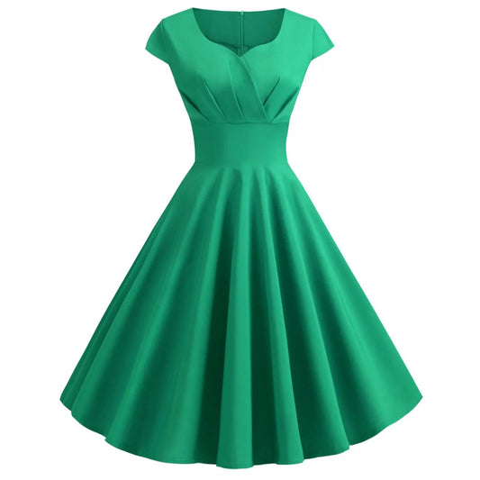 Women Vintage High Waist Super Fairy Holiday Solid Color Dress Elegant SlimV-neck Short Sleeve Large Hemline Party Dress