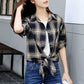 Bow Striped Retro Plaid Long Sleeve Shirt Women's Loose Large Size Mid Length Cardigan Shawl