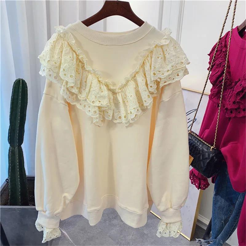 Woman Sweatshirts 2021 Sweet Korean O-neck Knitted Pullovers Thick Autumn Winter Candy Color Loose Hoodies Solid Womens Clothing